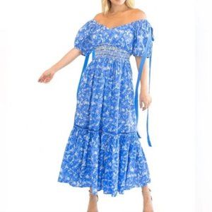 LoveShackFancy Angie Short Sleeve Floral Maxi Dress, Women's Size 8 - Blue Jay